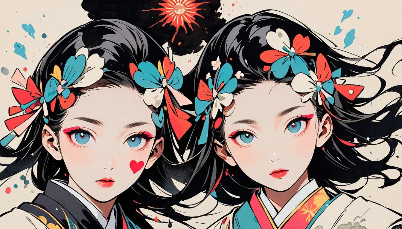 (((Ink Painting))), (((from above))), (((twins))), (((Heart tattoo on face))), (((Very flashy hair accessories))), (((Very flashy makeup))), Japanese style headphones, Villain, face close-up, front view, Japan人の美女, Black Hair, Delicate and precise, Modern ukiyo-e style,Japan, Droopy eyes, round face, Glare, Fuller lips, vivid color