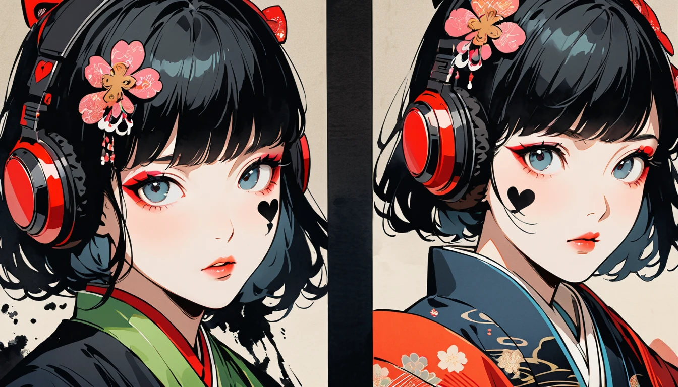 (((Ink Painting))), (((from above))), (((twins))), (((Heart tattoo on face))), (((Very flashy hair accessories))), (((Very flashy makeup))), Japanese style headphones, Villain, face close-up, front view, Japan人の美女, Black Hair, Delicate and precise, Modern ukiyo-e style,Japan, Droopy eyes, round face, Glare, Fuller lips, vivid color