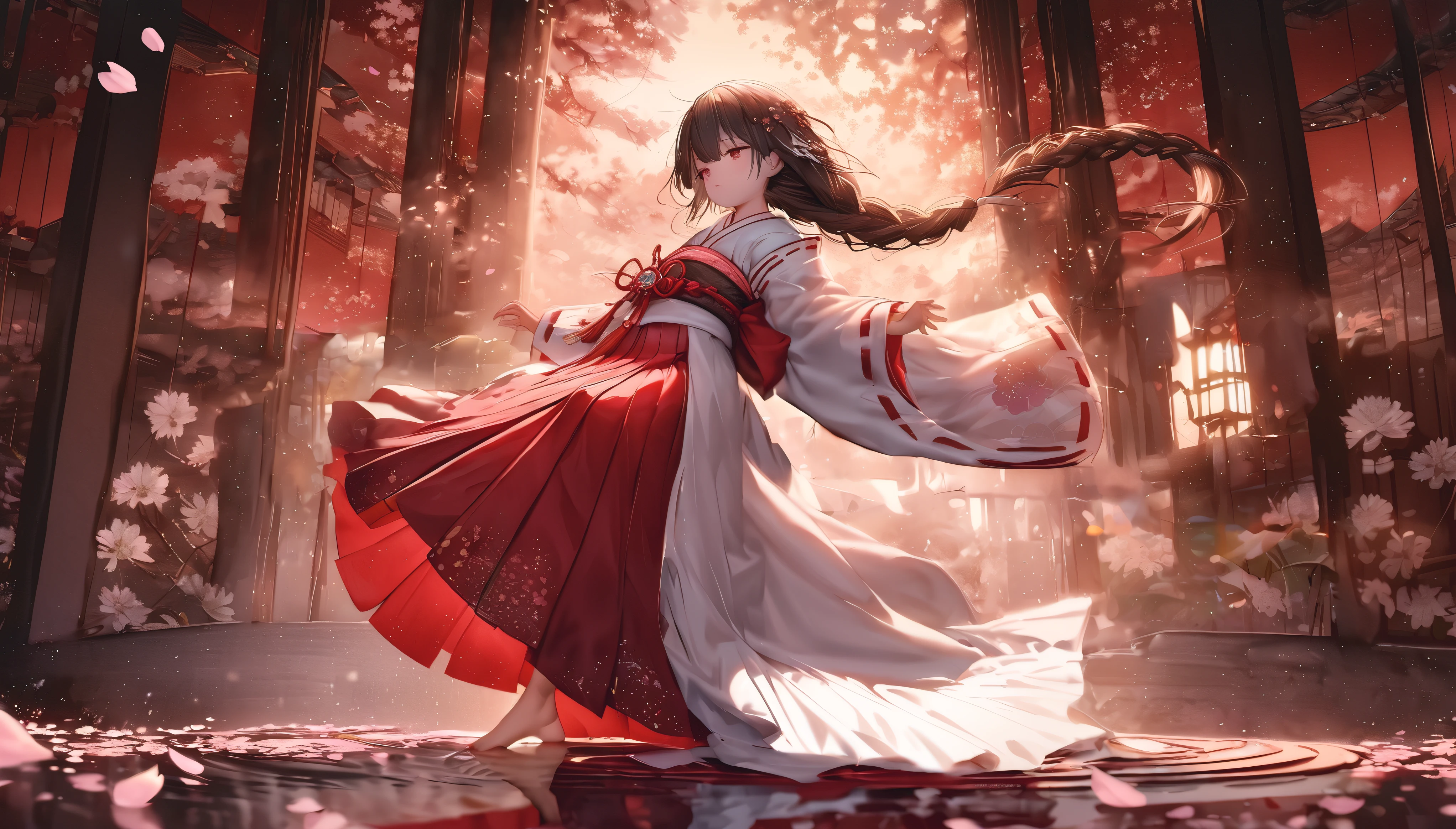 (full body), (solo), (A 7-year-old girl:1.2), (very young little girl), loli, (Solo), (small breast), (wide angle), raw photo, Aesthetic, Convoluted, Awarded, chiaroscuro, Best Quality, Detailed background, (Misty atmosphere:1.2), (hard rainy day:1.1),((Girl in very long shrine maiden:1.2)), In the throes of a tempestuous night, the rain falls in torrents, painting the world in shades of silver and darkness. Amidst the deluge, a young girl appears, a figure of enchantment, her silhouette a stark contrast to the storm's fury. She is adorned in a Japanese shrine maiden costume, a miko-zukuri, that is an opulent display of elegance and tradition. The miko-zukuri is a vision of grandeur, with the haori, an outer garment, extending its hem to the ground, flowing like a river of pristine white silk. The fabric is of the highest quality, its texture smooth and supple, caressing the contours of her form as she moves with the grace of a willow in the wind. The haori is embroidered with delicate motifs of cherry blossoms and chrysanthemums, symbols of spring and autumn, respectively, their petals intricately stitched with threads that glimmer with the subtlest hint of mother-of-pearl. The hakama, a traditional skirt, is elongated to match the haori, its hem sweeping the ground with each step, creating a sound akin to rustling leaves. The hakama is a deep, rich crimson, the color of a heart's passion, and it is adorned with a brocade pattern that is a dance of light and shadow, the threads shimmering with a metallic sheen that catches the fleeting flashes of lightning. Her hair is styled in a traditional manner, with a long, flowing braid that cascades down her back, secured with a white ribbon that is embroidered with delicate cherry blossoms. The ribbon flutters with each movement, a dance of its own, adding to the overall elegance of her appearance. Around her waist, she wears an obi, a wide sash that is a tapestry of colors and patterns, its design a reflection of the