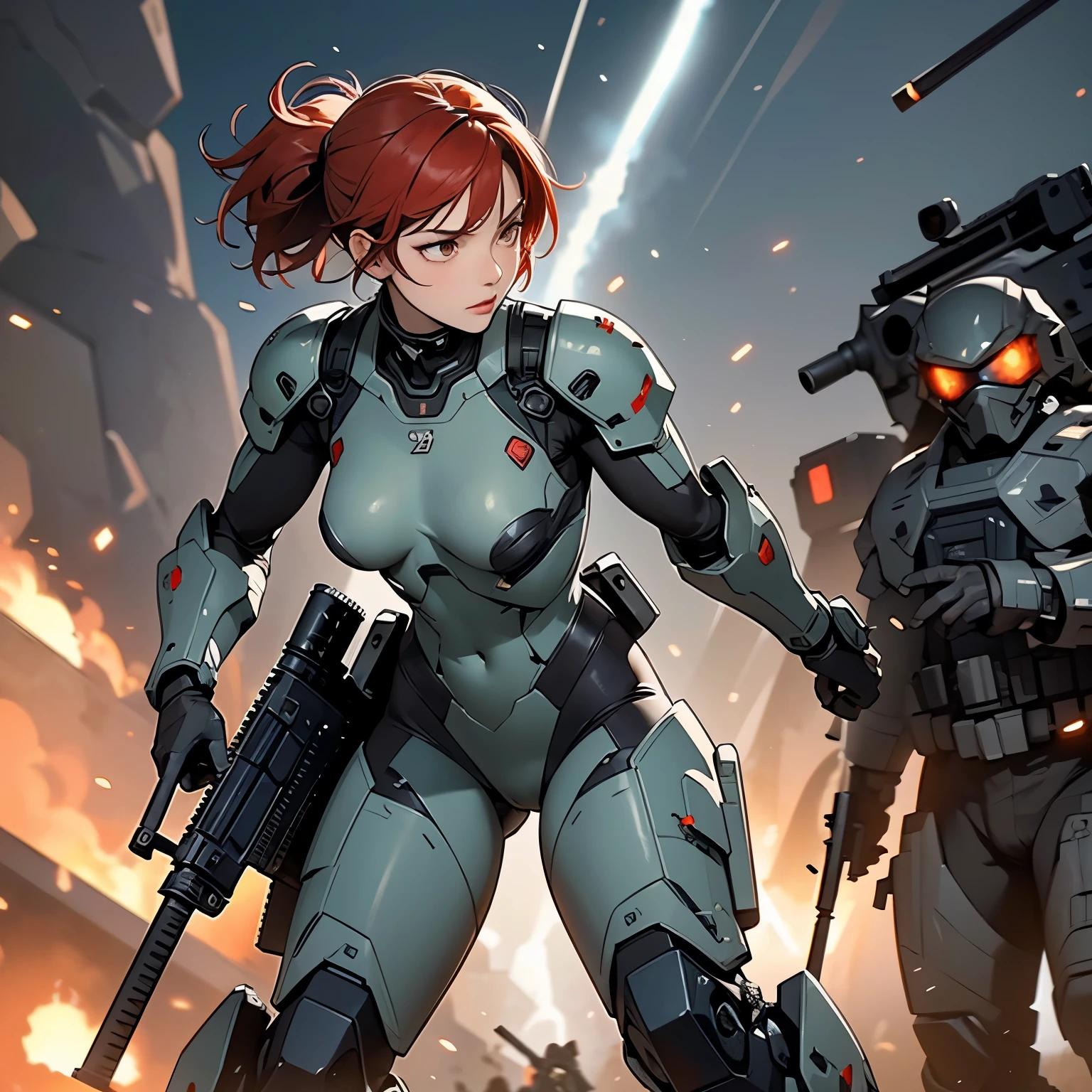 nsfw, anime screencap, 16K, perfect anatomy proportion body, perfect hands, action, A dynamic composition with a sense of speed and movement, (Hold an assault rifle:1.6), a wife, 40age, perfect beautiful delicate sexy face, perfect beautiful delicate slanted red eyes, red hair, swept bangs pixie cut, medium breasts, Camouflage colored heavy armor robotic steam engine full armor powered suit, Many robot soldiers having a gunfight in the background, Flying bullets, Desert Battlefield, war, cyberpunk,