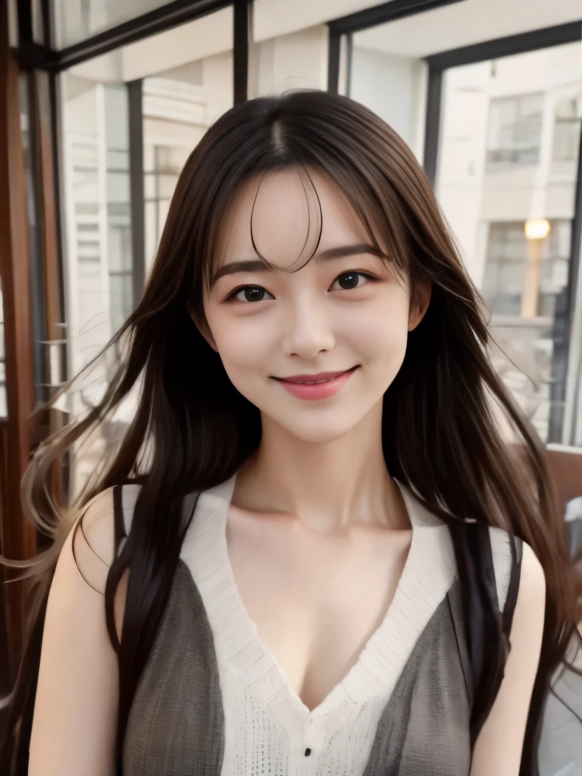 (best quality), (masterpiece), (sharp:1.3),(smile),((A front-facing photo of a woman asking for a hug, )),((her arms slightly extended forward with a warm)),The background is a simple, indoor room setting,