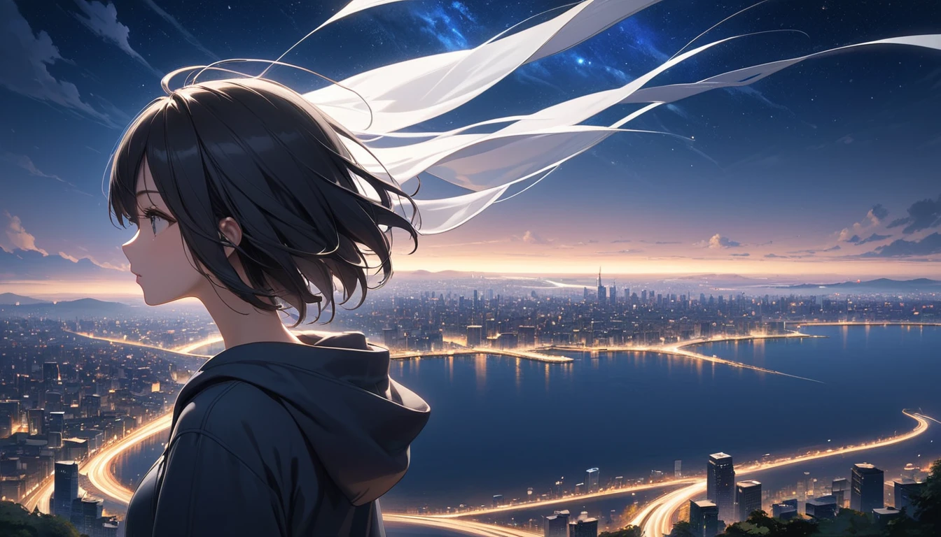 Starry Sky、One woman、Black Hair、Short Hair、Hair blowing in the wind、profile、Wearing a hoodie、Back view、Full body portrait、Overlooking the city from afar