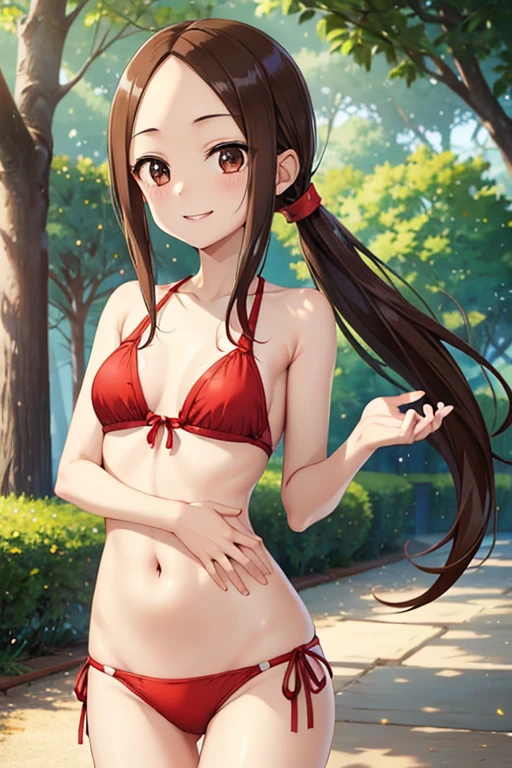 Takagi-san、Shiny brown hair, Straight Long Hair,((Medium chest、Forehead、Center part))、 Beautiful brown eyes、smile、Sparkling eyes, (fine grain)、Very fine eye、Highly detailed face, Highly detailed eyes, Cowboy Shot、

nsfw、
Highest quality, Anatomically correct、A healthy 18-year-old female、Tight waist、ponytail、flashy,Red Bikini,明るいsmile、Midsummer Beach、Lens flare、