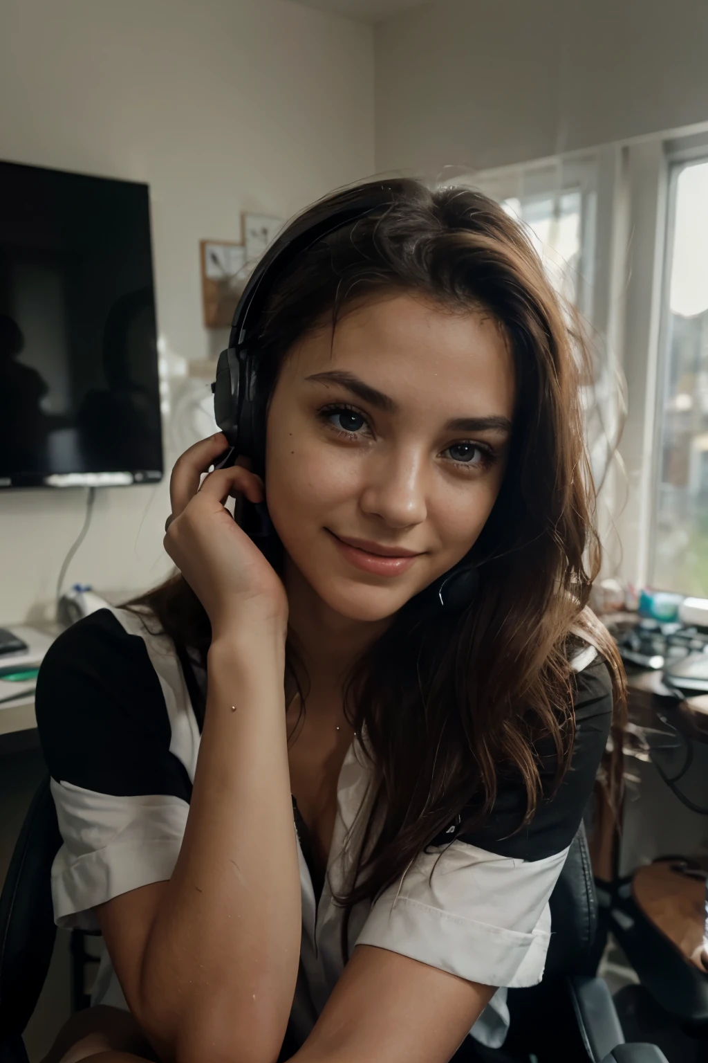 A 16-year-old teenager is listening to music with gaming headphones. They are sitting in a nature, The teenager is relaxed and immersed in the music, with a slight smile on their face. The room has a warm and inviting atmosphere, with soft lighting and a comfortable chair. The headphones are large and stylish, indicating they are high-quality gaming headphones.