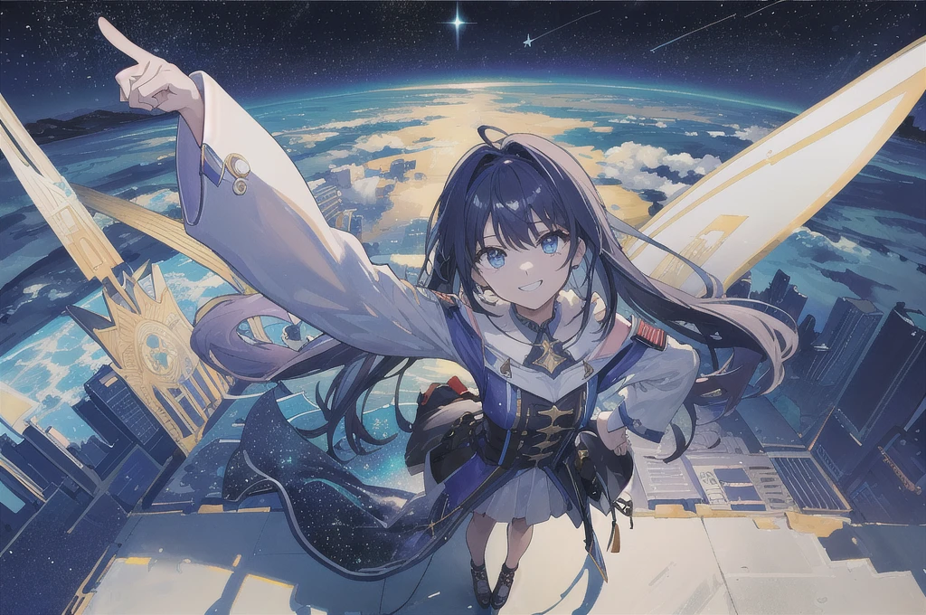 (absurderes:1.3), Best Quality, hight resolution, (1girl in:1.3), Solo, (Point to the sky、put hands on the hip:1.3), (Arm up, point at viewer:1.3), open stance, grin, (Glowing eyes:1.1),
BREAK, (The whole picture, the panorama, a panoramic view:1.3), (From above:1.3), Looking Up, Looking at Viewer,
BREAK, (Starry sky:1.3), Standing in space, Spotlight,