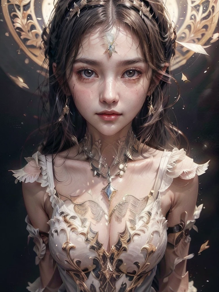 A beautiful young woman with delicate features and long, dark hair gazes directly at the viewer. She has a soft, almost ethereal quality, heightened by her rosy cheeks and the gentle lighting. Her hands are clasped together in front of her chest, conveying a sense of innocence and tranquility. She wears a delicate, white lace bra and her overall demeanor suggests a sense of quiet confidence and serenity. Focus on capturing the delicate details of her features and the soft, natural textures.