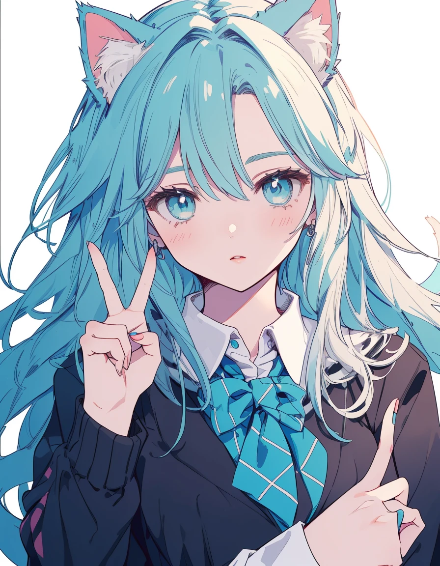 mask, schoo uniform, peace sign, jitome, ((masterpiece, best quality:1.5)), ((Beautiful detailed cat aqua eyes:1.2)), cat ears, pale skin, medium breasts, beautiful hands, beautiful fingers, EasyNegative