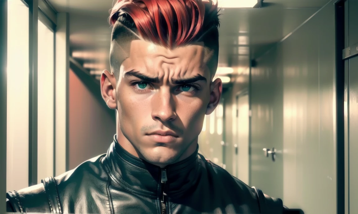 "((highly detailed, detailed eyes, detailed face, clear and realistic facial features, photorealistic, realistic light; cinematic)), (1 man), ((((school hallway background)))), (((gorgeous athletic tough bully male))), ((18-year-old teenage male)), ((((glaring expression)))), ((threatening pose)), ((blue-green eyes)), ((short black hair with an undercut)), ((eyebrow piercing)), (((dressed in leather))), ((bright red tint in hair))."