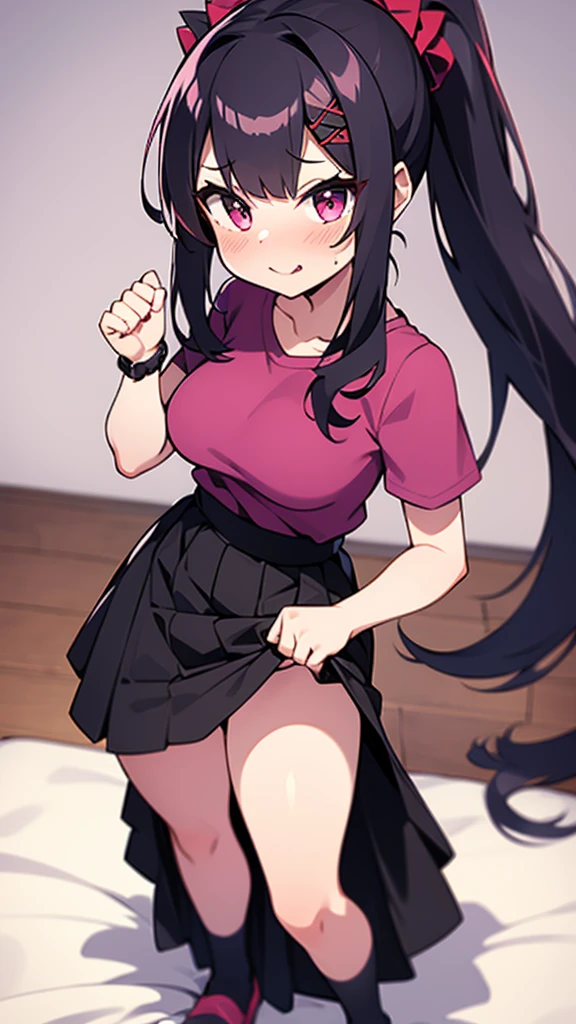 High tail hairstyle, two Ponytail hairstyle, Ponytail hairstyle, Long wavy black hair, standing posing, anime girl style, pixel art anime style,penetrating look with deep eyes,red and purple eyes, hair with a ponytail hairstyle trapped with a big red bun, women, red hair clips, x color shaped hair clips , smiling face blush, next to his bed, Skirt, tank top, Black hair, big thighs, NSFW, Skirt fluttering in the wind, perfect panty, from above, viento levantando su Skirt haciendo que se le vea el panty, hands in fist , Skirt fluttering in the wind, Skirt levantada, 