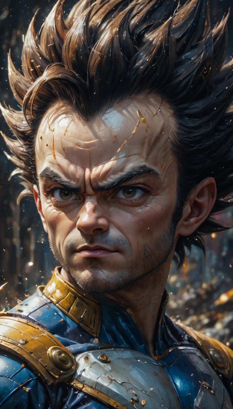Vegeta from dragon ball, Expressive, 1980s, Detailed Face, Oil Painting, Heavy Strokes, By Jean Baptiste Monge, By Karol Bak, By Carne Griffiths, Masterpiece, Unreal Engine 3D; Symbolism, Colourful, Polished, Complex; UHD; D3D; 16K", Full Color Painting, Low Contrast, Soft Cinematic Light, Exposure Blend, Hdr, Front, 8k