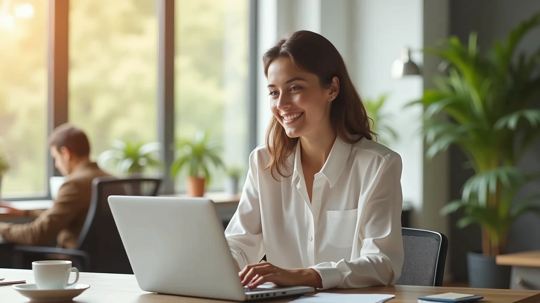 "A young woman in a white blouse and light pants, holding a laptop in a modern office setting. She is sitting on a chair near a large window with natural light streaming in, casting a warm glow on her face. Background features blurred office elements like desks, chairs, and plants, providing a professional atmosphere. Add a few coffee cups and papers on nearby desks to enhance the busy office feel. Ultra-detailed, realistic lighting, 16k resolution, corporate office environment, vibrant colors, dynamic angle.", "size": "1792x1024", "n": 1}