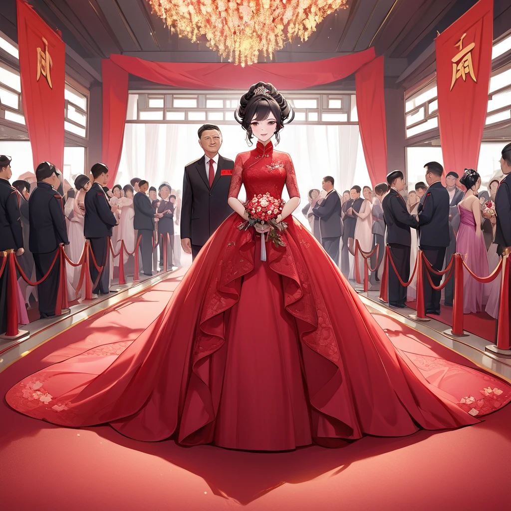 ((Highest quality)), ((masterpiece)), (detailed), （Perfect Face）、The woman is a Chinese woman named Kocho Shinobu.。, Purple gradient bob black hair and formal evening hairstyles. She is wearing an engagement ring. She is a prominent member of the Chinese Communist Party.、She is the wife of a great old Communist Party official.、The woman is beautifully dressed in a gorgeous red wedding dress typical of the Chinese Communist Party, and she loves her husband dearly and is happy to be his wife.、She was photographed alone at a wedding venue on a red carpet aisle.、The woman is the most gorgeous, most dazzling, most beautiful Chinese woman, and has been perfected as the bride of a Communist Party member of China.
