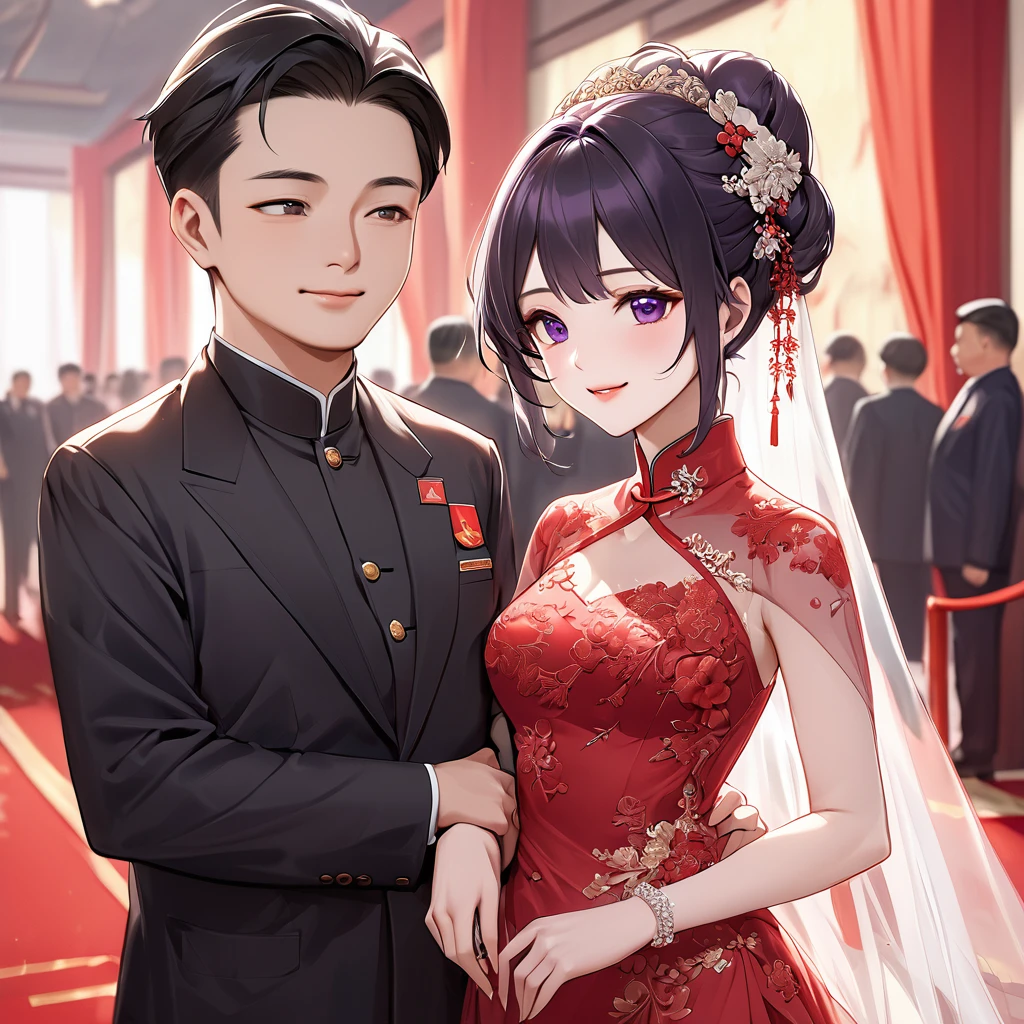 ((Highest quality)), ((masterpiece)), (detailed), （Perfect Face）、The woman is a Chinese woman named Kocho Shinobu.。, Purple gradient bob black hair and formal evening hairstyles. She is wearing an engagement ring. She is a prominent member of the Chinese Communist Party.、She is the wife of a great old Communist Party official.、The woman is beautifully dressed in a gorgeous red wedding dress typical of the Chinese Communist Party, and she loves her husband dearly and is happy to be his wife.、She was photographed alone at a wedding venue on a red carpet aisle.、The woman is the most gorgeous, most dazzling, most beautiful Chinese woman, and has been perfected as the bride of a Communist Party member of China.