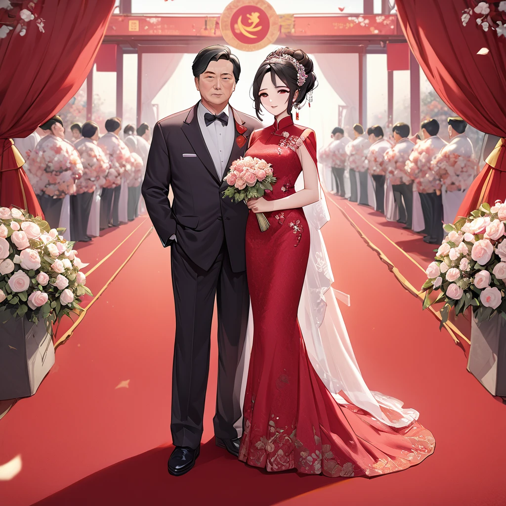 ((Highest quality)), ((masterpiece)), (detailed), （Perfect Face）、The woman is a Chinese woman named Kocho Shinobu.。, Purple gradient bob black hair and formal evening hairstyles. She is wearing an engagement ring. She is a prominent member of the Chinese Communist Party.、She is the wife of a great old Communist Party official.、The woman is beautifully dressed in a gorgeous red wedding dress typical of the Chinese Communist Party, and she loves her husband dearly and is happy to be his wife.、She was photographed alone at a wedding venue on a red carpet aisle.、The woman is the most gorgeous, most dazzling, most beautiful Chinese woman, and has been perfected as the bride of a Communist Party member of China.