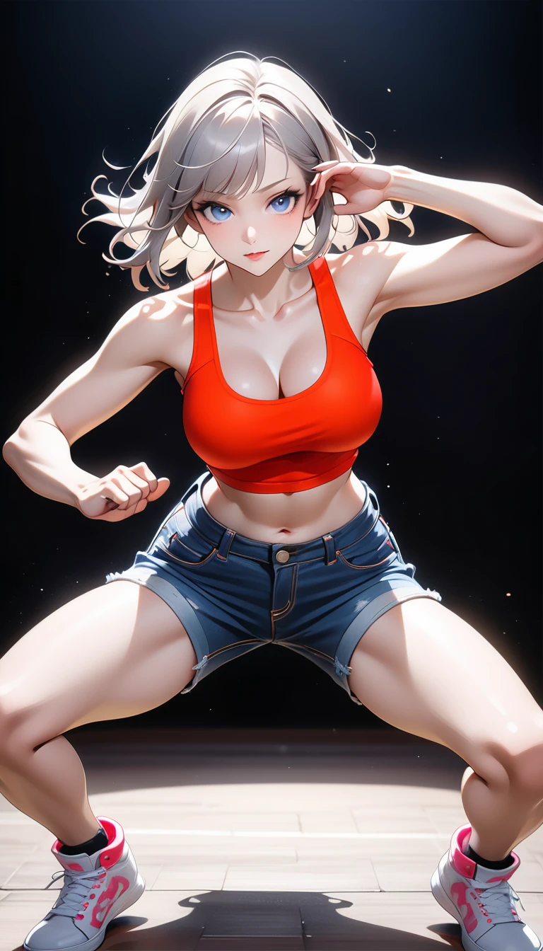 (Generated in SFW:2.0), masterpiece, Highest quality, Realistic photos, RAW Photos, dynamic dancing woman, alone, Beautiful Face, Bangs that fall on the forehead, Casual clothing, (Tight tank top:1.2), (Denim shorts:1.2), Sleeveless, Seductive body lines, alluring looks, break, Cool dance, break, Hip Hop Dance, (Black background color:1.5), (A dark background to make your subject stand out:1.1), (Focus on the eyes), (Full Body Shot:1.2), break, Street dance, Hip Hop Dance, Club dance, dynamic pose, dynamic, Moments that captivate you, Concentrated face, View your audience, bend, Spread your legs, Cool pose, Applying random anagrams to create completely different new works, ((( hips, breast)))