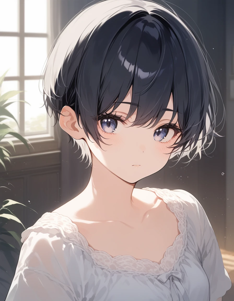 score_9, score_8_up, score_7_up, source_anime, best quality, masterpiece, official art, absurdres, highres, ultra-detailed,waifu2x,JAV Cover,break,1girl, tomboy, idol girl, very short hair, pixie cut, small breasts, beautiful detailed eyes, expressionless, sleepily, pose, indoors, break,(clear line illustration:1.2), super detailed skin,very high resolution, very aesthetic, Best sexual lighting powered by famous artist, 8k,sexual picture,beauty illustration,photoshop_(medium),,(Detailed Lighting),best anime 8k konachan wallpaper, pixiv contest winner,