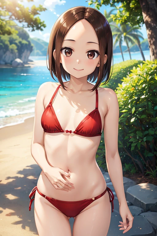 Takagi-san、Shiny brown hair, short hair,((Medium chest、Forehead、Center part))、 Beautiful brown eyes、smile、Sparkling eyes, (fine grain)、Very fine eye、Highly detailed face, Highly detailed eyes, Cowboy Shot、

nsfw、
Highest quality, Anatomically correct、A healthy 18-year-old female、Tight waist、flashy,Red Bikini,明るいsmile、Midsummer Beach、Lens flare、