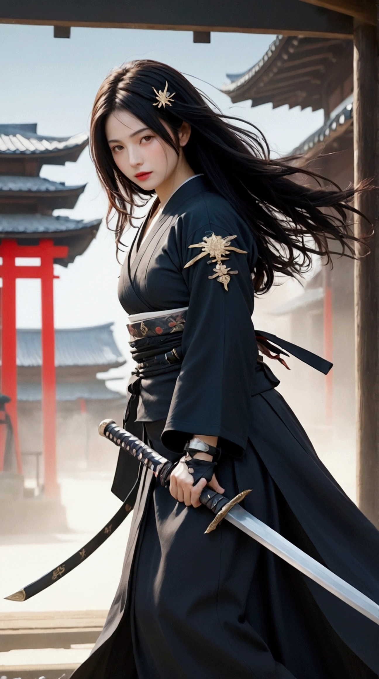 (Japanese sword &reference;Muramasa 2&reference;.2)Beautiful 27 year old woman、Japanese women、Tie your hair back、Hair ornament artist、Warrior、Clear Eyes、{Arm tattoo(SakuraFubuki}’Warrior、(Japanese swordを両手で構える、1.3)(Japanese sword1.2)Intermediate position、whole body、A long-edged sword、Realistic battle scenes、敵Warriorの返りBlood、Blood、High resolution、Highest quality、Very detailed、8k、background、The castle is burning、Sparks fly、