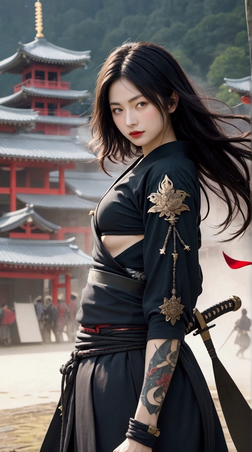 (Japanese sword &reference;Muramasa 2&reference;.2)Beautiful 27 year old woman、Japanese women、Tie your hair back、Hair ornament artist、Warrior、Clear Eyes、{Arm tattoo(SakuraFubuki}’Warrior、(Japanese swordを両手で構える、1.3)(Japanese sword1.2)Intermediate position、whole body、A long-edged sword、Realistic battle scenes、敵Warriorの返りBlood、Blood、High resolution、Highest quality、Very detailed、8k、background、The castle is burning、Sparks fly、