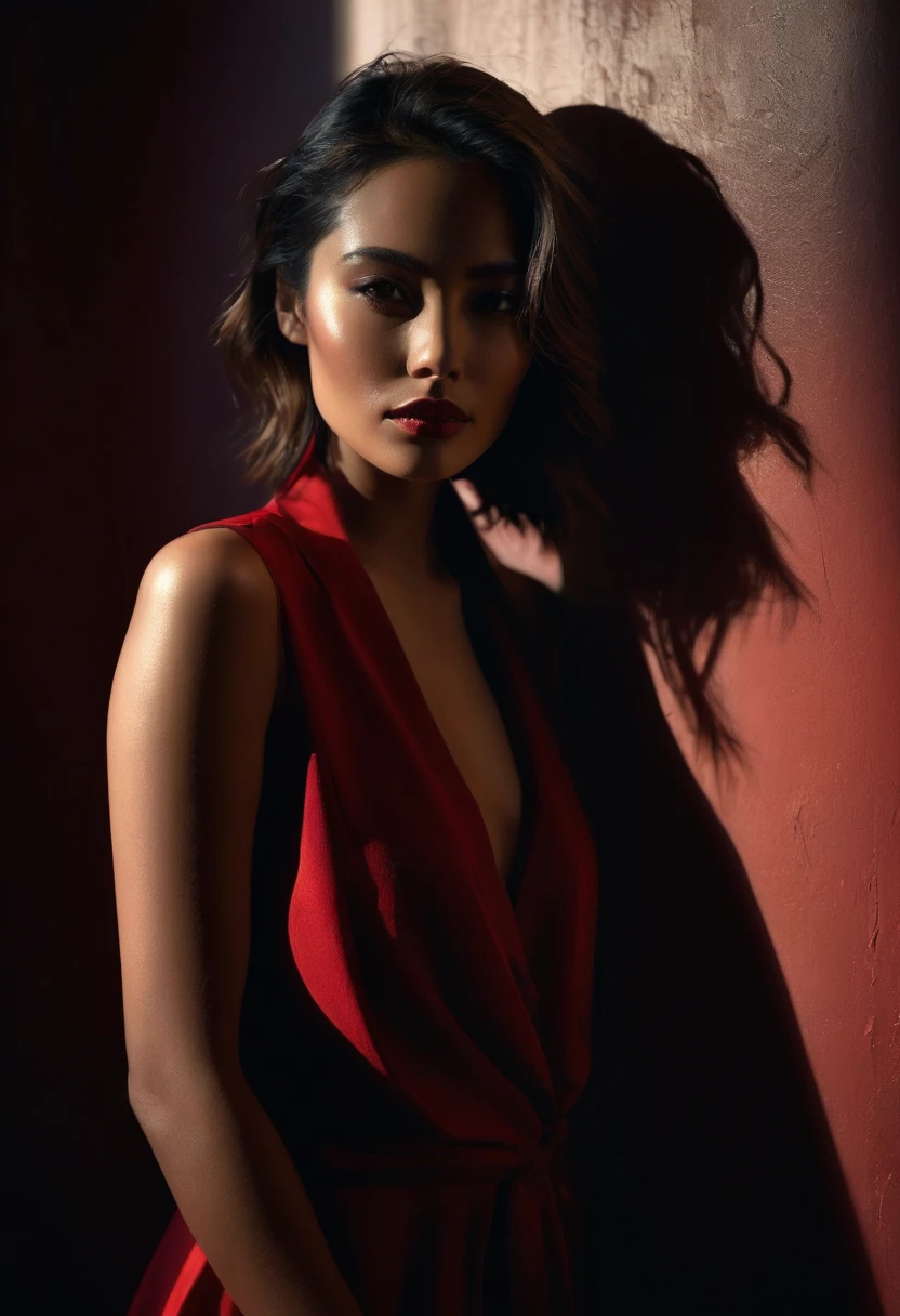 woman bathed in soft light, leaning against a wall, looking into the camera in a moment of raw emotion. Her attire is minimal, accentuating her beauty with the dramatic shadows cast by the lighting. The background is stark, with sharp contrasts highlighting the contours of her form. The red and black palette intensifies the mood, evoking a sense of mystery and allure. Subtle film grain and meticulous shading add depth and texture, emphasizing the emotional gravity of the scene. The lighting creates a chiaroscuro effect, accentuating her expressive pose and the intense atmosphere.
