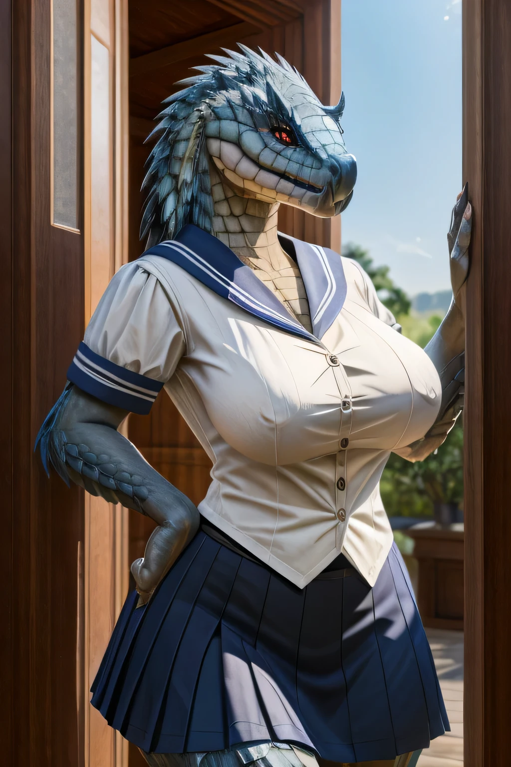 (Best Quality,high quality,high resolution,Realistic)The background is a house、Close-up of a female Tobi-Kadachi,Mesdra,Monster Hunter, (Sailor Uniform、skirt)Big Breasts,Curvaceous,Sensual appearance,(Tobi-Kadachi, the female standing at the entrance)NSFW