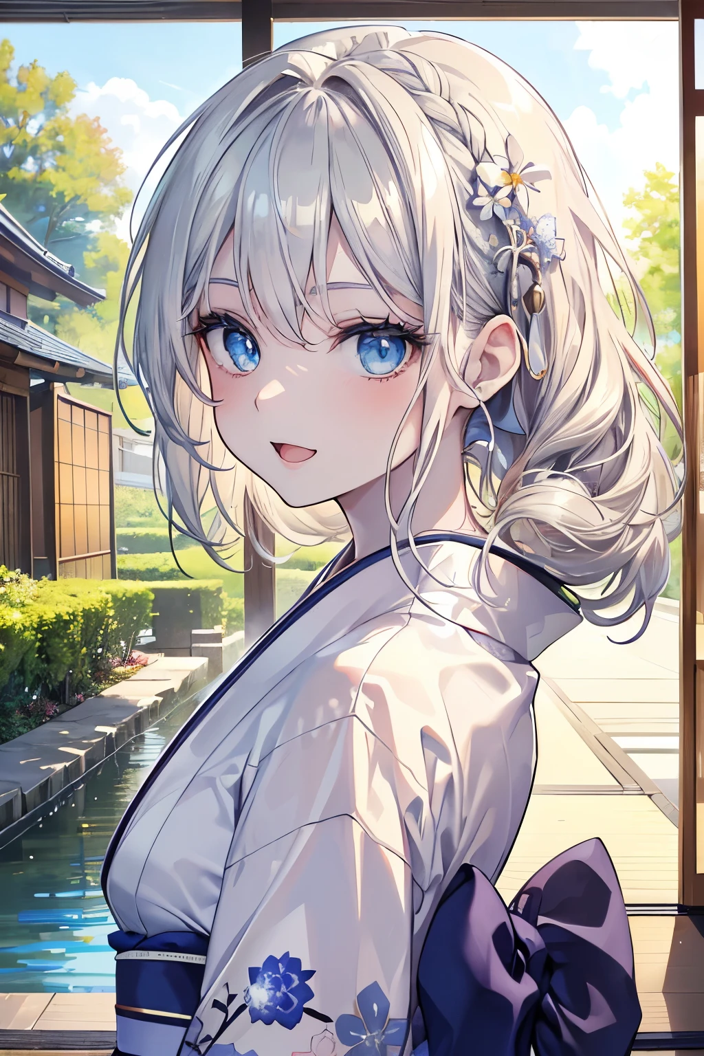 (Best quality,4K,8K,High resolution,Masterpiece:1.2),Super detailed,(Actual, Realistic),
break,
((Beautiful clear blue eyes:1.2)),very kind eyes,eyes wide open,beautiful eyelashes,beautiful lower eyelashes,
break,
((Beautiful and shiny silver hair:1.3)),hairstyle side braid,A dazzling smile, a bursting smile, an open mouth laugh,
break,
((Pale colored summer kimono:1.3)),
break,
((bust shot)),((zoom in)),
break,
Japanese-style room overlooking a garden with a pond