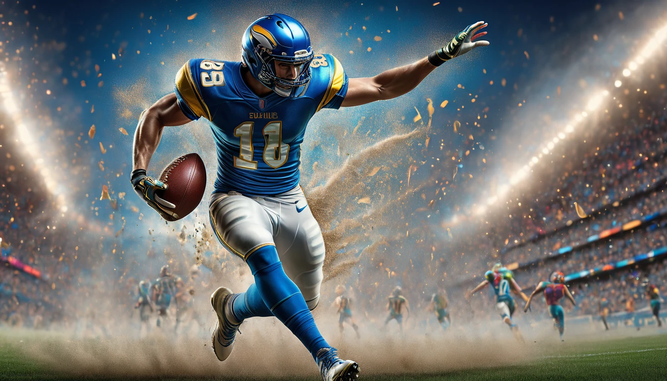a football stadium, a male football player, a football player wearing a jersey, the football player's back is turned, the football player is holding a trophy, fans in the background, 8k, ultra-detailed, masterpiece, vivid colors, dramatic lighting, sports action, dynamic pose, trophy celebration