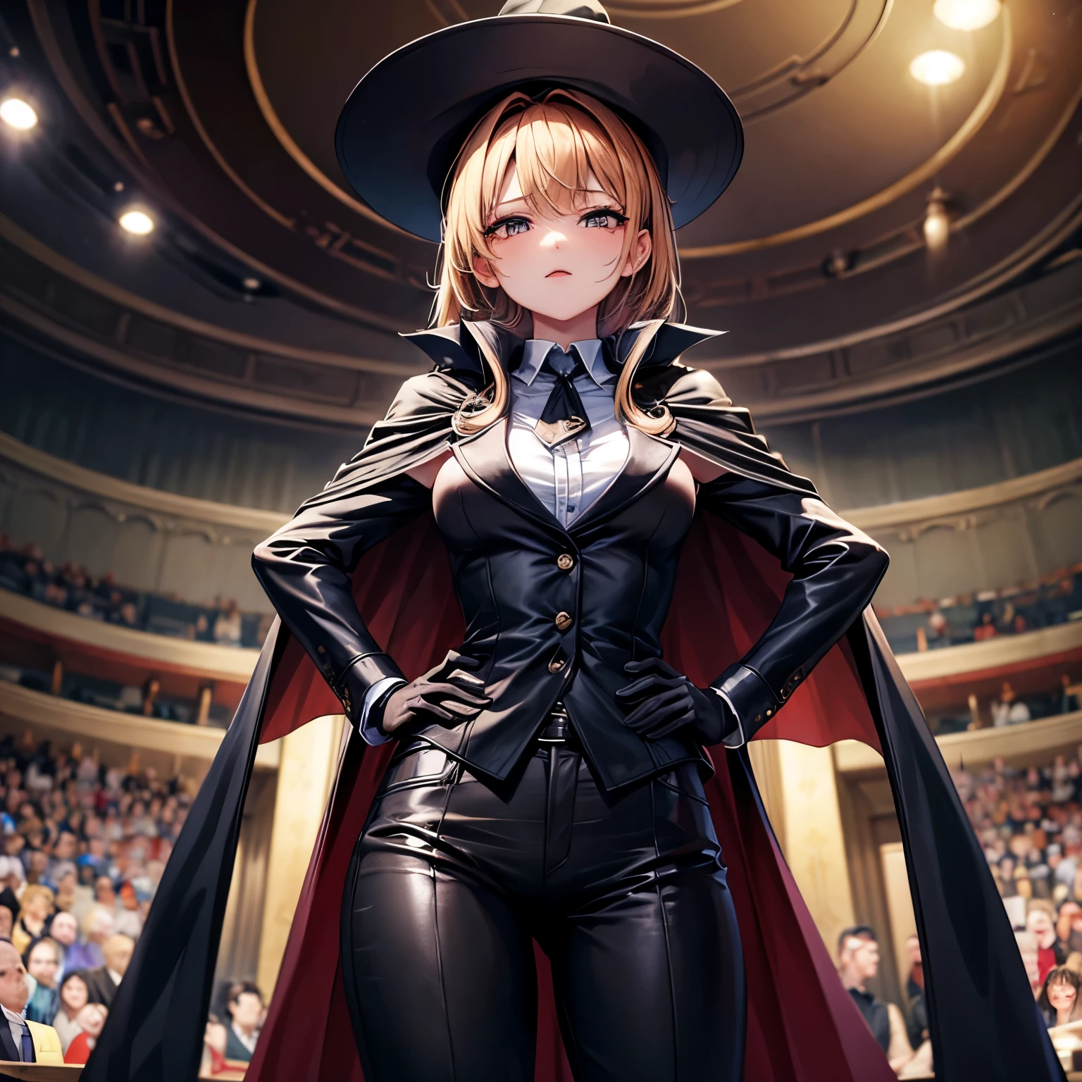 (masterpiece, best quality:1.2), From below, Solitary, 1 Girl, loudly, Poker face, Shut up, Looking at the audience, Hands on hips, Black jacket, cape, Black pants, Black Gloves