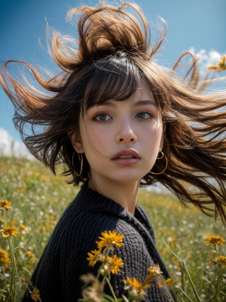 (Detailed wide shot:1.3), (best quality image:1.5)(Black short hair blowing in the wind:1.4), 1girl, sweet face, kazakh, wearing black woollen shirt and skirt, in dahlian meadow, summer, sunlight, surreal view, real object, same posing, looking at viewer, detailed face and eyes, sharp focus, dramatic shadow, ultra highly detailed, film looks, realism, (below angle:1.2)