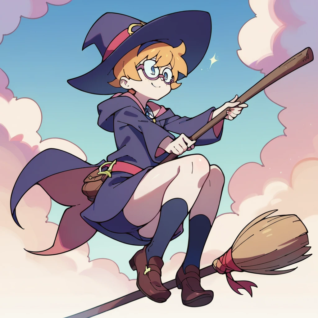 Lotte Jansson, solo, broom riding, witch, witch hat, glasses, under-rim eyewear 