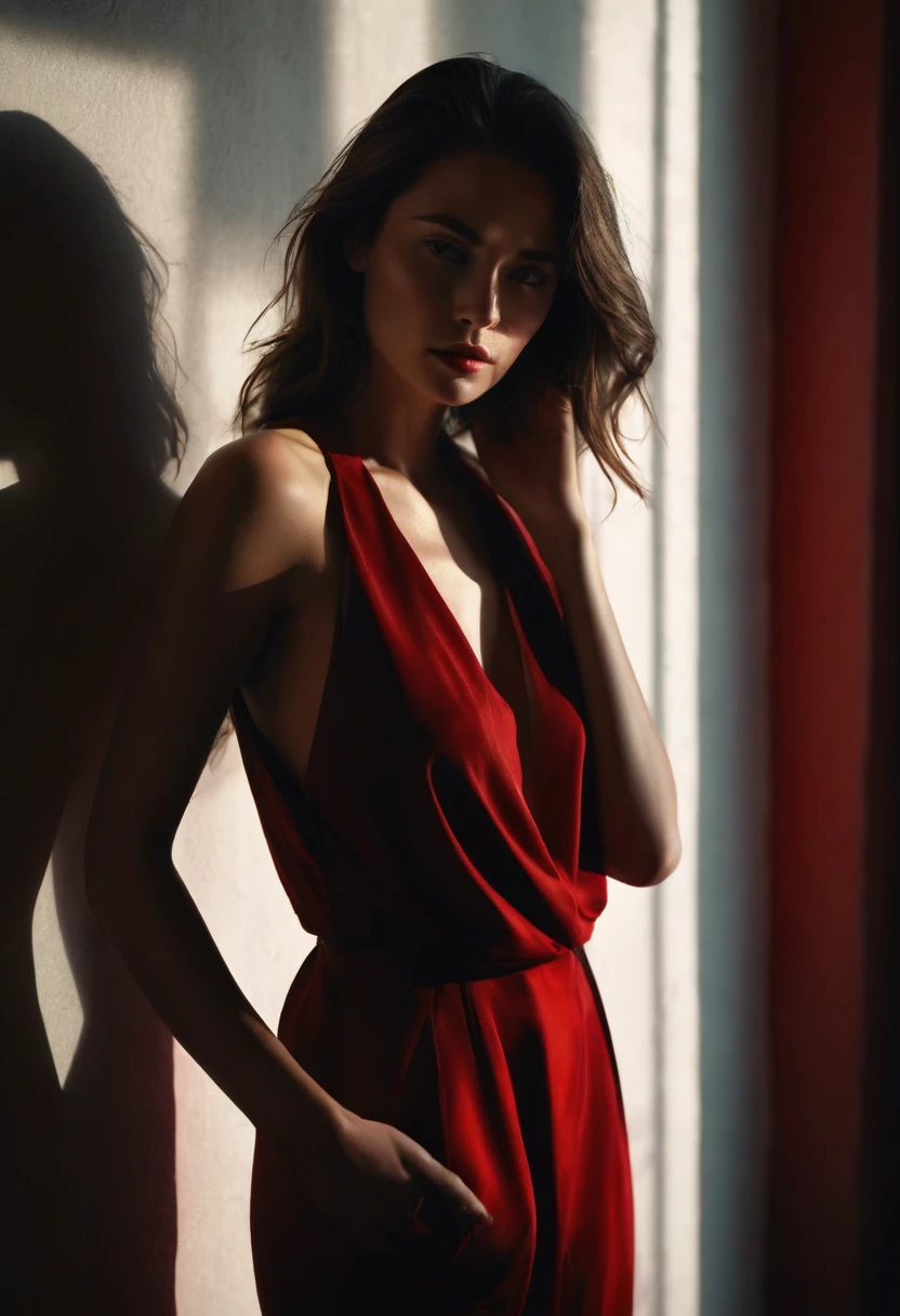 woman bathed in soft light, leaning against a wall, looking into the camera in a moment of raw emotion. Her attire is minimal, accentuating her beauty with the dramatic shadows cast by the lighting. The background is stark, with sharp contrasts highlighting the contours of her form. The red and black palette intensifies the mood, evoking a sense of mystery and allure. Subtle film grain and meticulous shading add depth and texture, emphasizing the emotional gravity of the scene. The lighting creates a chiaroscuro effect, accentuating her expressive pose and the intense atmosphere.
