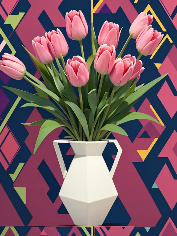 Angular geometric shapes, Random modern geometric pattern background, Tulips close-up, sketch, Modern Art, Vibrant colors, Colorful flowers, vase