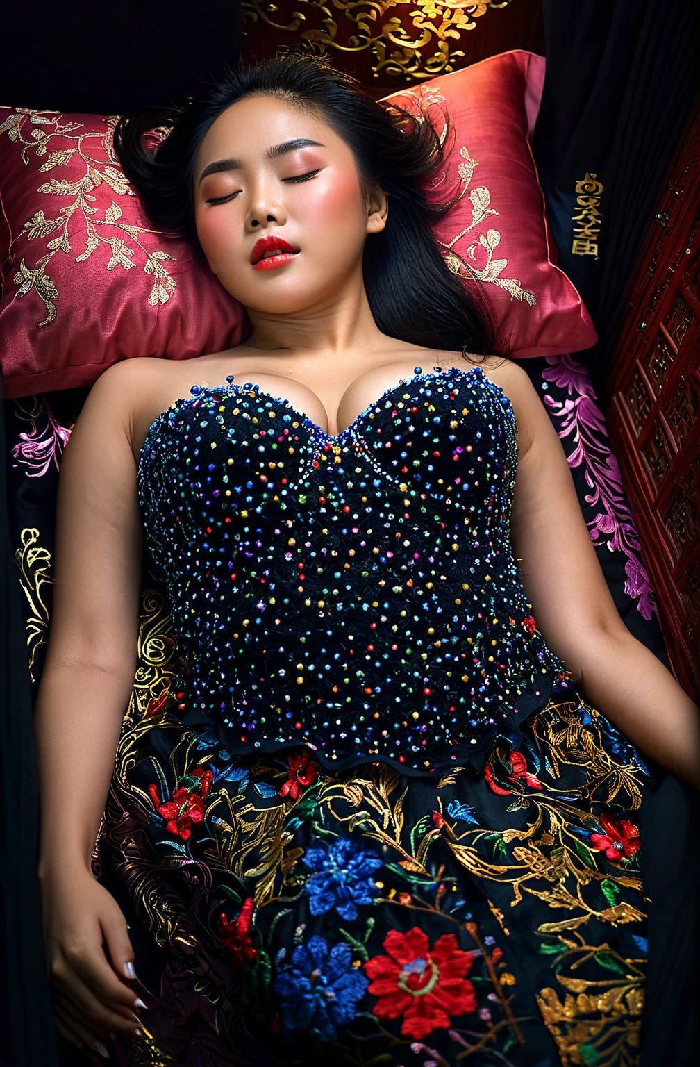 In a striking 8K HDR scene, a stunning Korean woman, 22 years old, lies peacefully in a coffin and coffin cover surrounded by plush pillows behind head. The deep box is set against a rich black background, accentuating the beauty of the subject. Her exquisite deep-V neckline kebaya attire is embroidered with superb detail, showcasing her round and firm breasts, perfect cleavage, and beautiful eyebrows. Her closed eyes and mouth give an air of serenity, while her visible and absolute cleavage leave nothing to imagination. The scene is bathed in saturated colors, highlighting every intricate aspect from the ball skirt to her clean face, straight body, detailed hand perfect hands, straight body, own hands together, own hand on stomach, detailed hands, perfect hands, holding the flowers, straight legs