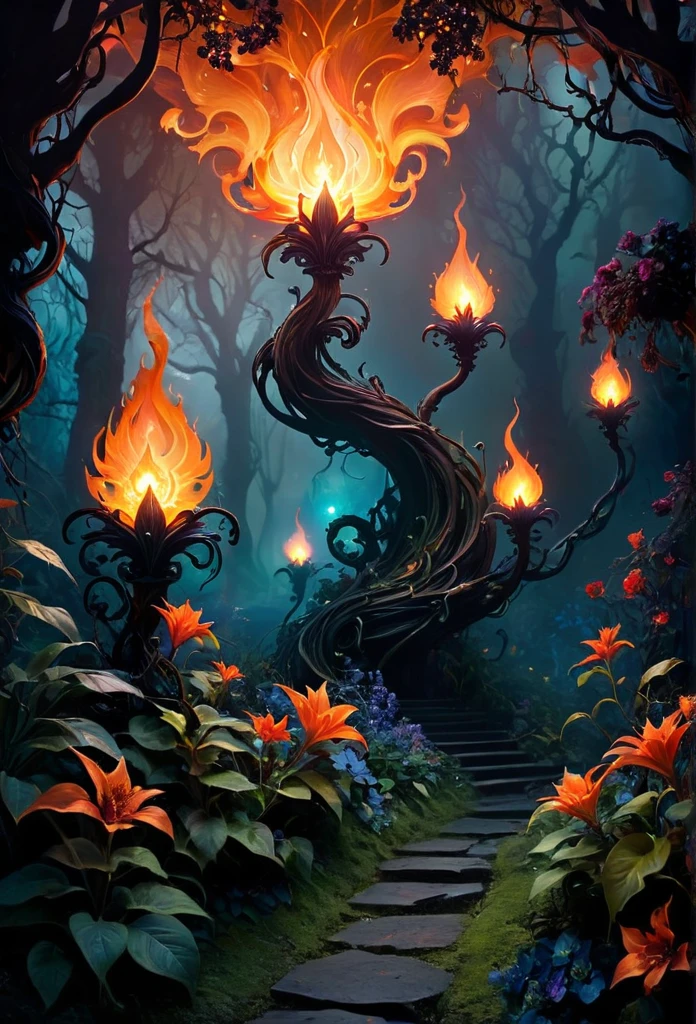[Rewritten Input]
Distinguished quality, high-resolution, exceptional masterpiece:1.2, meticulously detailed, authentic:1.37, horror-themed, blazing magical flames, otherworldly flora, fiery conflagration, luminescent foliage, enchanted garden, mystical ambiance, ominous shadows, captivatingly haunting, eerie radiance, intense hues, dark aura, unearthly vines, fiery tendrils, dancing embers, extraterrestrial landscape, ethereal flowers, magical energy, surreal scenery, shadowy figures, enigmatic creatures, mesmerizing illumination, unnatural growth, foreboding presence, smoky haze, flickering light, spectral glow, intense heat, whispering flames, supernatural powers, glowing orbs, mystic spell, eerie ambiance, otherworldly beauty, spectral plants, transcendent vision.