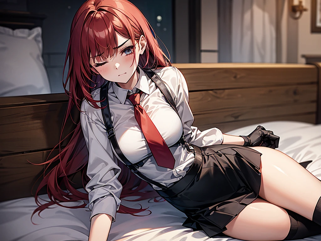 {{lying down on one's side}},{Lying on the bed},,,{{Resting with an aching body} {{lie down:1.6}},{{masterpiece}}, {{{Highest quality}}},{{Very detailed}}, {{figure}},{{tall}},{{Adult female}},,{{cowboy shot}},{1girl},{{Long sleeve mini skirt uniform}}},}}{}},{{Pain,}},{}, ,{{white blouse}},{}},,{{blushing with anger}},{{one eye closed,}},,{{Grit your teeth,suffering,v-shaped eyebrows.,Sweat dripping,raise one's eyebrows,}},{{}},,Slender body}}{{suffer}}{{Female police officer}},,,,suspenders ,Long sleeve mini skirt uniform, ,Black fingerless gloves, Long Red Hair, Red tie,Straight hair ,Blunt bangs,Thigh holster,.loafer,,blush,Wrinkles ,amount,Medium chest ,get annoyed,,Slums,