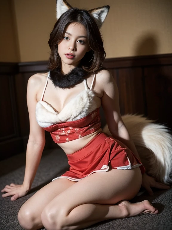 ((Highest quality, 8k)), ((masterpiece)), (Highest Resolution), Perfect Face, Fox Girl, high school girl, Beautiful woman, public, One tail, she has thick thighs, Big tail, She has a fluffy fox tail, She wags her tail, Fur collar, She is wearing a short skirt, Beautiful Hips , Big Breasts, The skirt is rolled up at her tail, On all fours