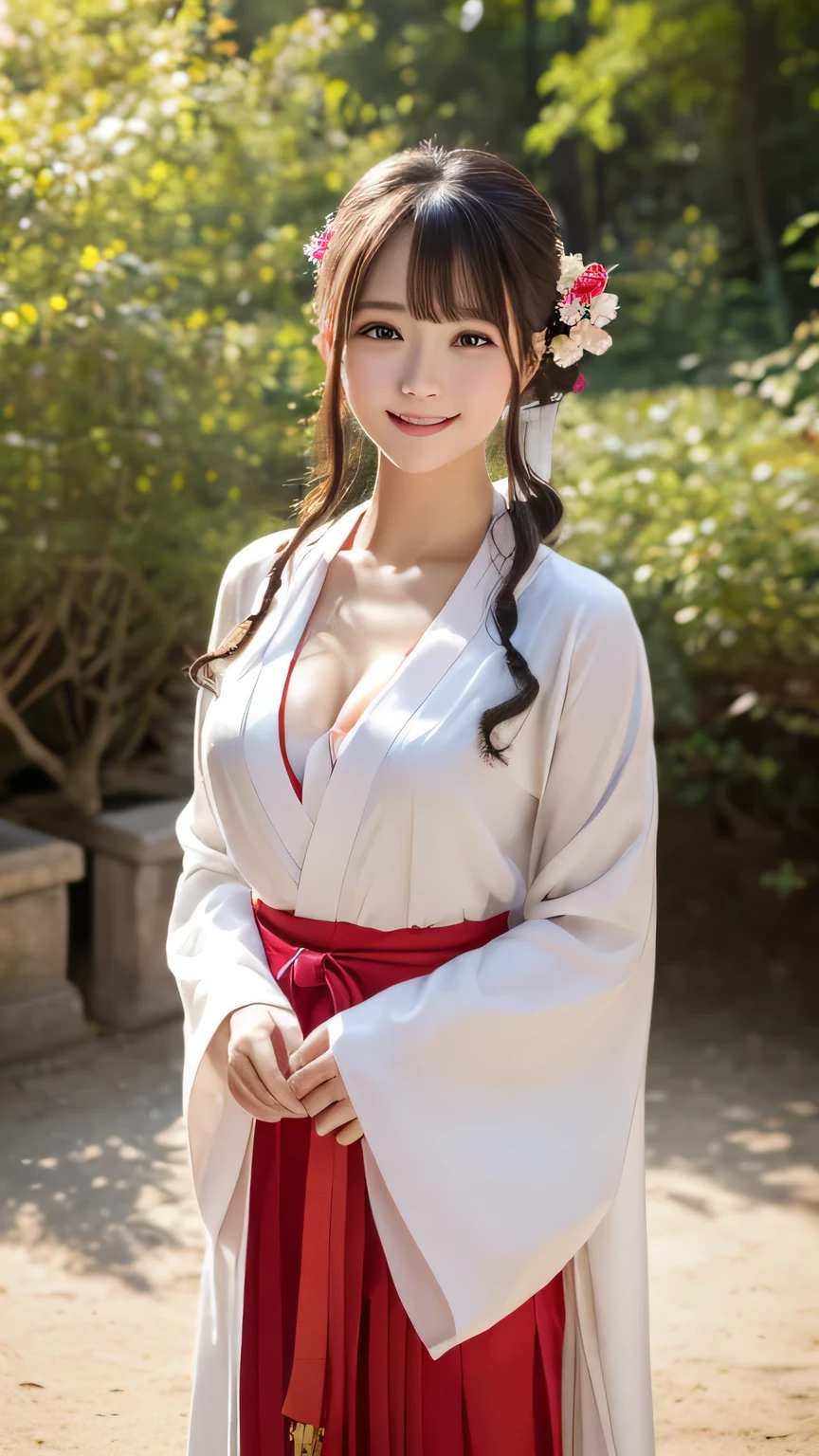 (masterpiece:1.3), (8k, Photorealistic, Raw photo, Best image quality: 1.4), Japanese 、Take a full-body photo，White kimono、Red long skirt、Shrine maiden、Cute costume，Japanese hairstyle，crystal，Natural color lip，(Random Hair:1.2)、Cleavage:1.2、Super detailed face、Attention to detail、double eyelid、Put your chest together、Sharp focus:1.2、Beautiful woman:1.4、highest quality、masterpiece、超A high resolution、(Photorealistic:1.4)、Highly detailed and professionally lit smile、