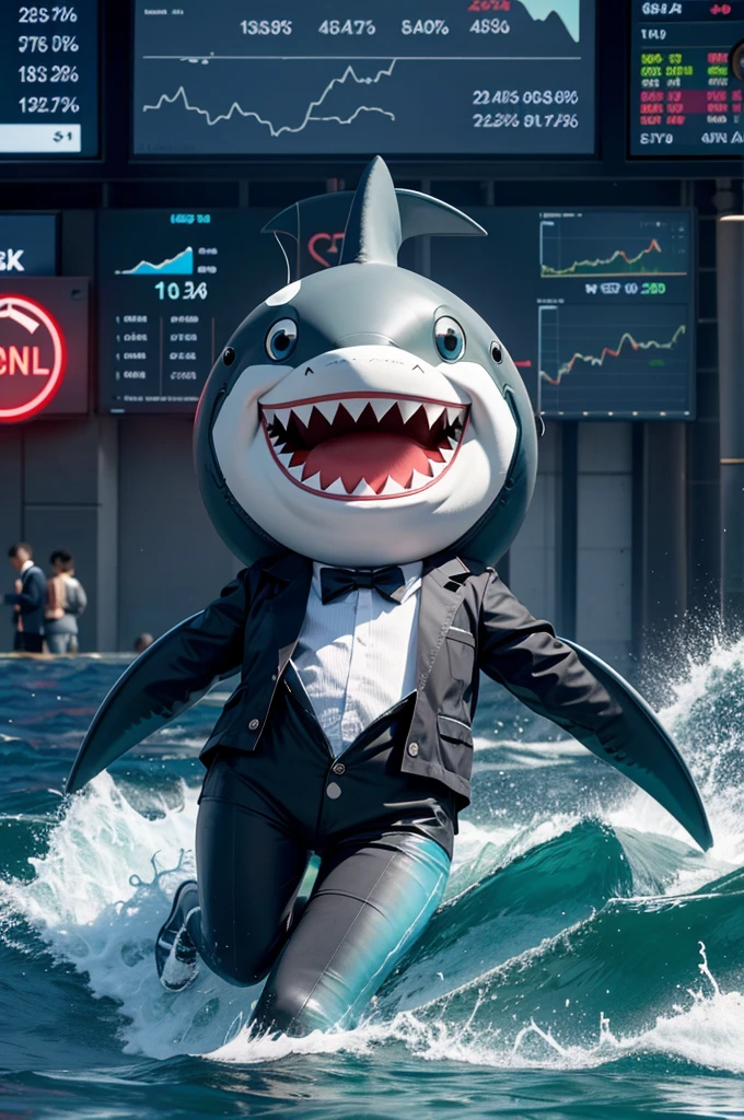Cute anthropomorphic shark,operating telephone,(stock market:1.2),Stock Exchange,bankruptcy,Stock prices fall,(sad:1.2),The background is a stock chart on a large monitor