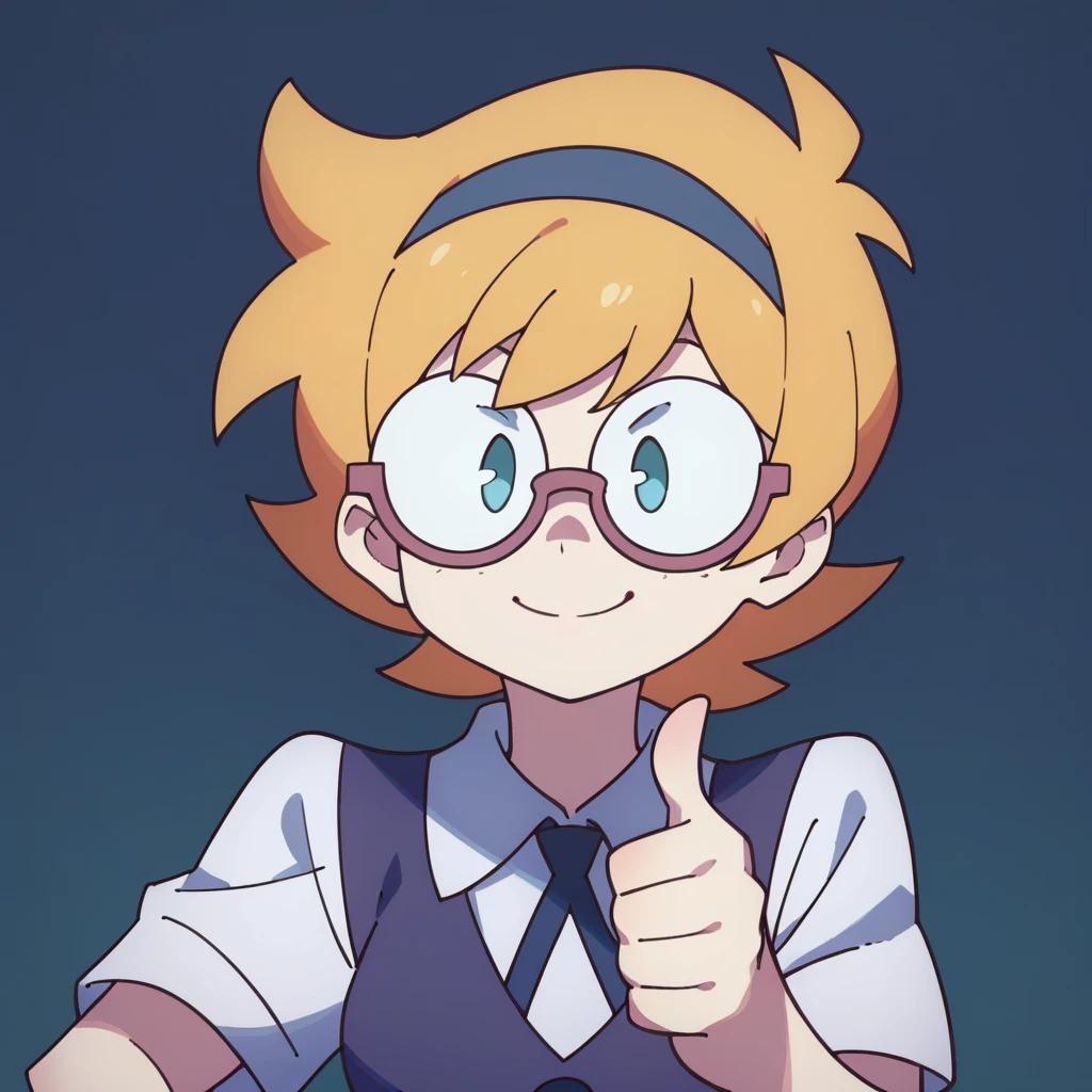 smiling, thumbs up to viewer, friendly, helpful, cheerful expression,  Lotte Jansson, solo, glasses 