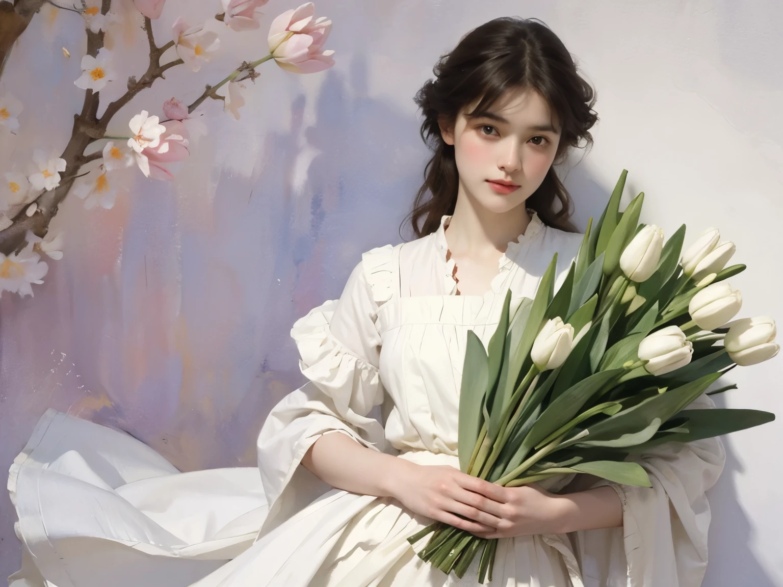 (Sargent-style watercolor)、(Edmund Leighton Style)、(Highest quality、masterpiece)、Portrait of a beautiful and delicate girl, Playful and cute, (Tulip flowers background:1.2)、romantic、Soft Light、((White Background))、((Blank Background))、