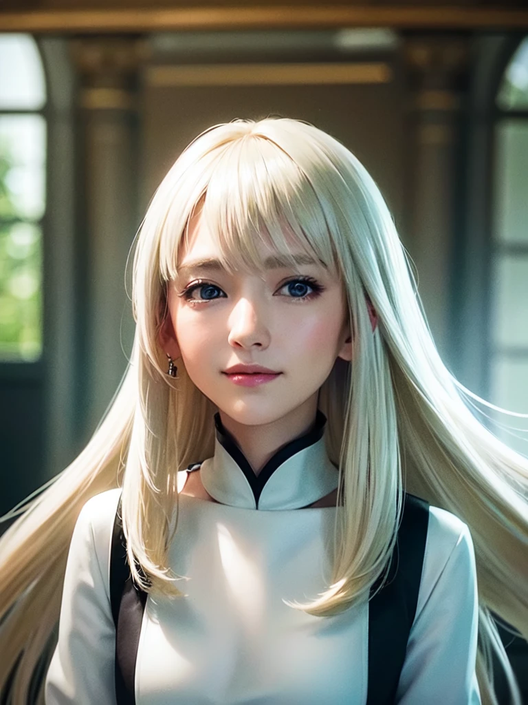 Smile、natta、Raw photography、(((Portrait of extreme beauty)))、((glistning skin))、1 girl、15 year old beautiful girl in Prague、((Bright platinum blonde hair))、[light blue  eyes]、white, shiny glossy skin,、Silky long straight hair、eye liner、Long bangs、Hair between the eyes、((​masterpiece、top-quality、Ultra-detail、Film Light、intricate-detail、hight resolution、8k、ighly detailed))、Detailed background、8k UHD、Digital SLR、Soft light、hightquality、Film grain、fujifilmxt3 、Shallow depth of field、natural soft light、（No hands）、Kamimei、Sareme、