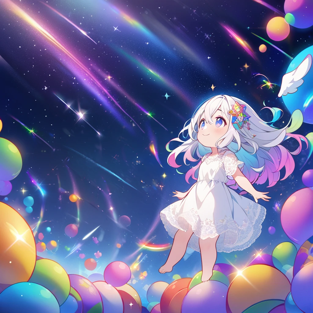 Masterpiece, top quality, 4k, ((2D illustration)), one beautiful girl, solo, ((vivid colors)), (((chibi style))), ((angel)), ((angel wing on her back)), ((long beautiful hair)), glossy light silver hair, gradient hair color, cute, beautiful detailed eyes, hair between eyes, ((hair ornament)), ((lacy short sleeve white dress)), barefoot, ((full body shot)), ((joyful smile)), ((looking up at the night sky)), ((floating in the sky)), ((lots of colorful stuff around)), cool colors, ((shooting stars)), ((night)), (((lens flare))), white light, ((starry sky)), sparkle