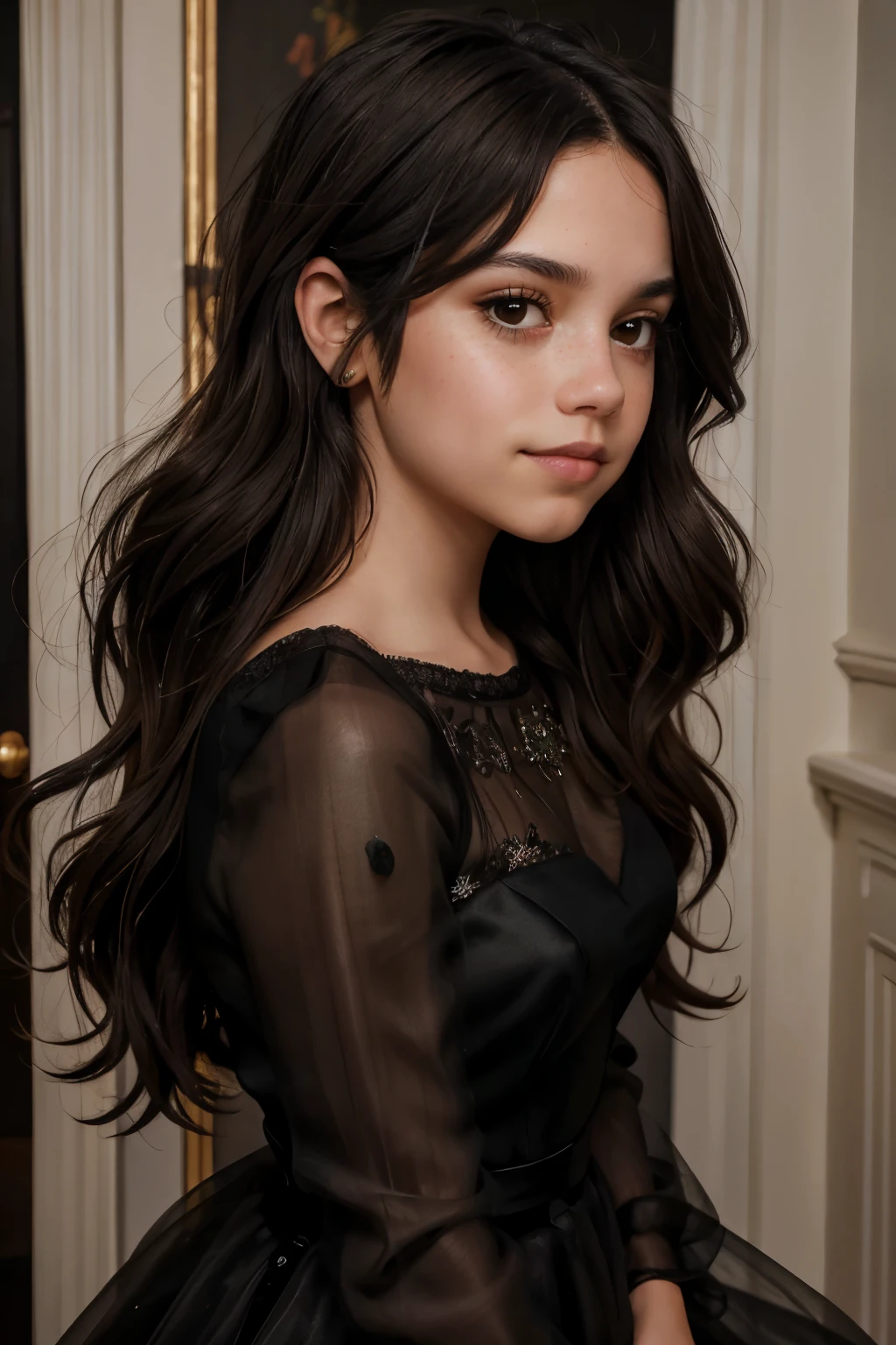 ((best quality)), ((masterpiece)), (detailed), beautiful  girl, perfect face, calm expression, soft expression, not fully smiling, (dark brown eyes), (black eyes), photorealistic, detailed long hair, perfect lighting, (young), delicate, gentle, feminine, [she is wearing a beautiful black, silver, and green ball gown], she is beautiful, she is calm, photorealistic image, long black hair, dark brown sheen, clear brown eyes, clear black eyes, light freckles across her cheeks, long wavy hair, long curly hair, dark eyeshadow, dark lipstick, full length image