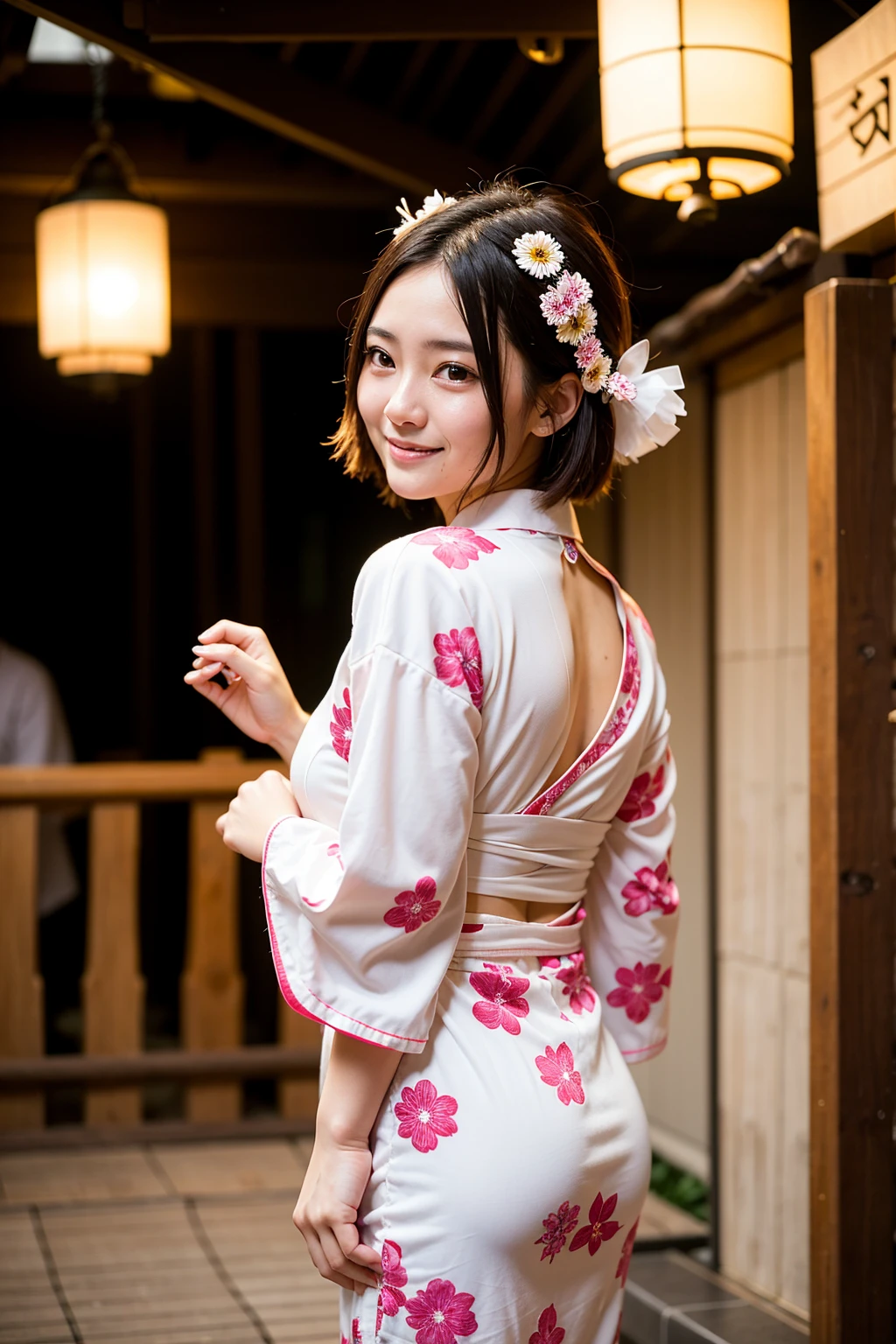 Top quality, A beautiful young woman with very short hair, wearing an elegant yukata adorned with delicate floral patterns. She stands gracefully under a lantern-lit path at a traditional Japanese festival. The soft glow of the lanterns highlights her serene smile and the intricate details of her yukata, creating a captivating and enchanting atmosphere, back pose