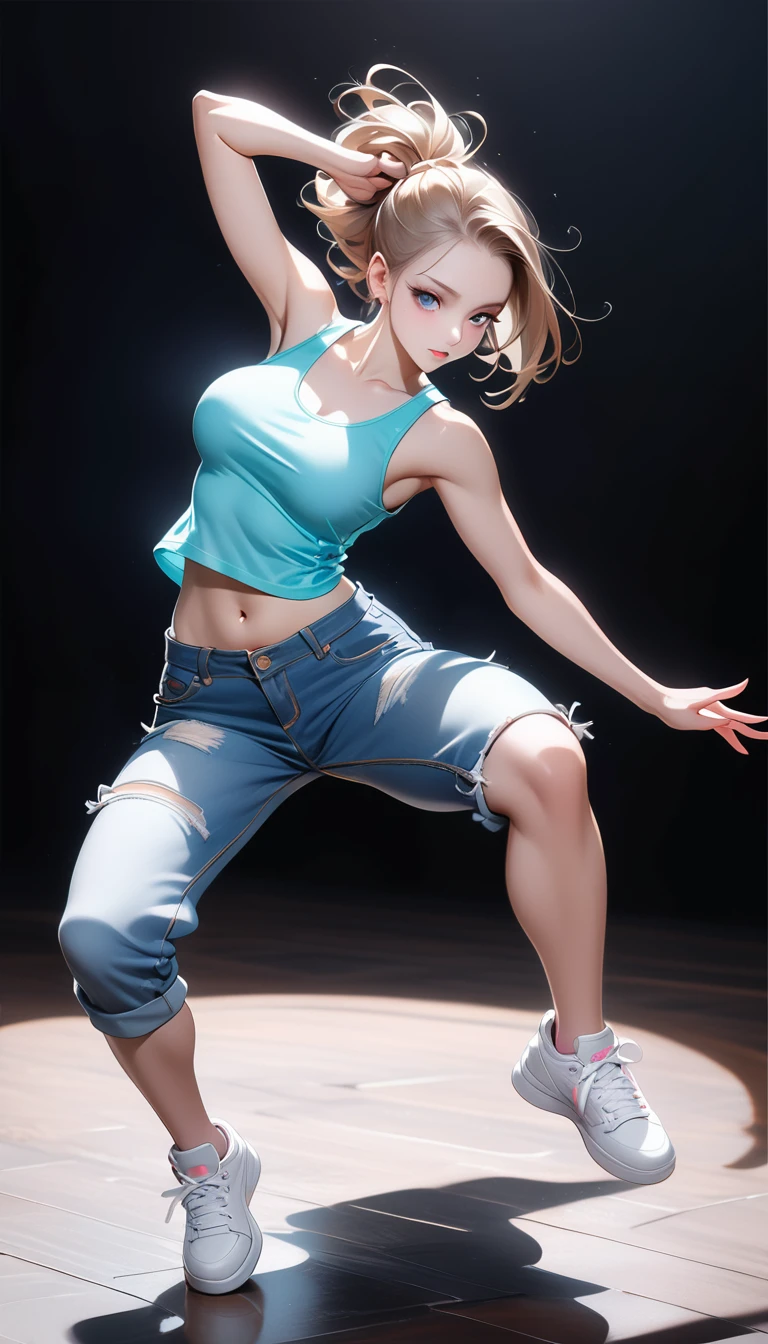 (Generated in SFW:2.0), masterpiece, Highest quality, Realistic photos, RAW Photos, dynamic dancing woman, alone, Beautiful Face, Bangs that fall on the forehead, Casual clothing, (Tight tank top:1.2), (Denim shorts:1.2), Sleeveless, Seductive body lines, alluring looks, break, Cool dance, break, Hip Hop Dance, (Black background color:1.5), (A dark background to make your subject stand out:1.1), (Focus on the eyes), (Full Body Shot:1.2), break, Street dance, Hip Hop Dance, Club dance, dynamic pose, dynamic, Moments that captivate you, Concentrated face, View your audience, bend, Spread your legs, Cool pose, Applying random anagrams to create completely different new works, ((( hips, breast)))