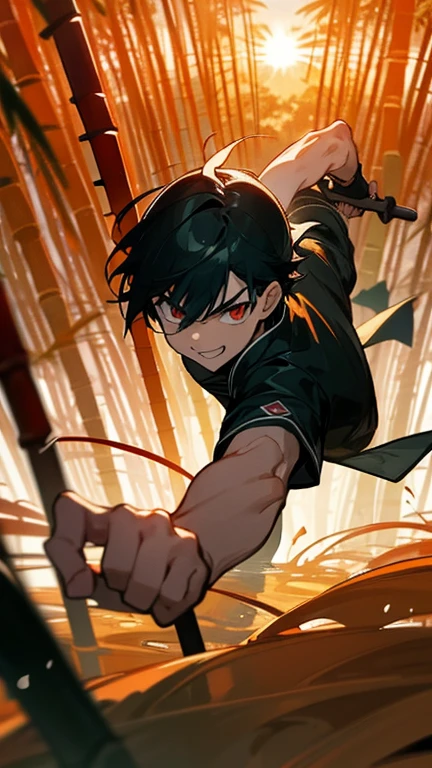 A hot-blooded boy with a strong sense of justice。Holding a Nichirin sword、Rin fighting demons々With a serious expression、In the landscape where the morning sun shines、Show a kind smile。The background is a bamboo forest and sunrise.、A powerful and hopeful atmosphere。