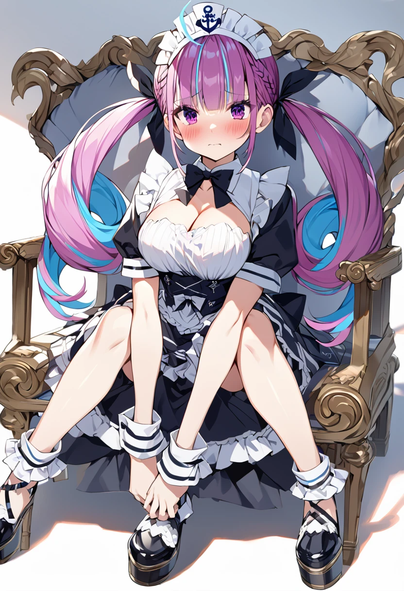 (muste piece), (best quality), (score_9, score_8_up, score_7_up), very detailed eyes, expressive eyes, perfect face, very detailed face, highly detailed face, beautiful girl, 8K, beautiful girl, white background, delicate and beautiful face and eyes, dark intense shadow, 1 girl, vtuber style, cool girl, vtuber, Minato Aqua, multi color hair, Twin-tailed, Color Inner Hair, Two-tone hair, Drill Hair, twin drills, Ahoge, Ankle Cuffs, striated hair, maid headdress, cleavage, short sleeves, blue bow, wrist cuffs, big chest, cleavage, sitting, sit on throne, knees together feet apart, hands on knees, shy, embarrassed, (full body),
