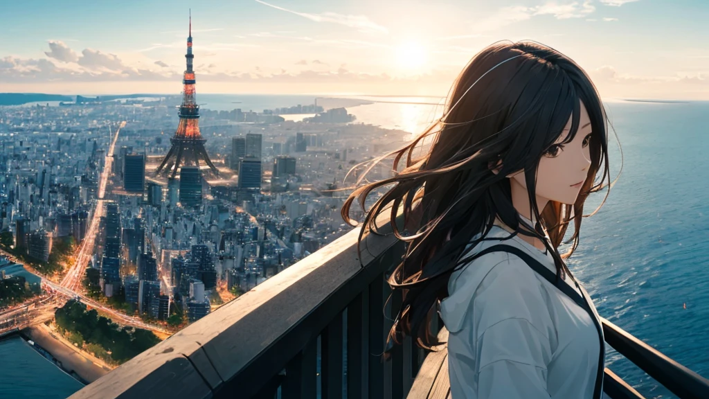 Shiraishi Mei, Looks exactly like Shiraishi Mei、Time is night、Tokyo Tower in the background、Big fireworks、Oceanの方を向いている後ろ姿、Woman looking up at the sky ,Long Hair, Black Hair,, Photo from the side, Realistic, Highest quality, Detailed face, Strong sunlight, Ocean, Embankment, Detailed Background, Diffused sunlight, Written boundary depth, Bokeh (Highest quality: 1.2), (masterpiece: 1.2), Watch Viewer, one piece, White Theme, ,Vision、(((Panorama:1.2)))