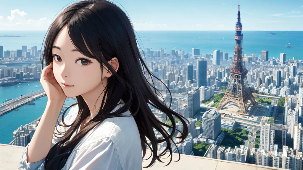 Shiraishi Mei, Looks exactly like Shiraishi Mei、Time is night、Tokyo Tower in the background、Big fireworks、Oceanの方を向いている後ろ姿、Woman looking up at the sky ,Long Hair,  Black Hair,, Photo from the side, Realistic, Highest quality, Detailed face, Strong sunlight, Ocean, Embankment, Detailed Background, Diffused sunlight, Written boundary depth, Bokeh (Highest quality: 1.2), (masterpiece: 1.2), Watch Viewer, one piece, White Theme, ,Vision、(((Panorama:1.2)))