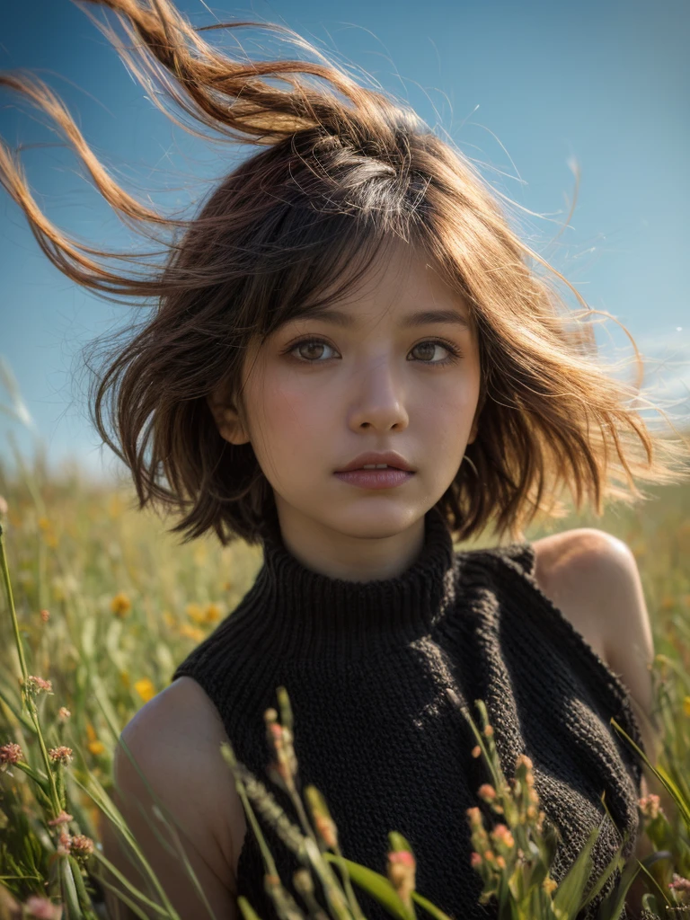 (Detailed wide shot:1.3), (best quality image:1.5)(Black short hair blowing in the wind:1.2), 1girl, sweet face, kazakh, wearing black woollen shirt and skirt, in dahlian meadow, summer, sunlight, surreal view, real object, same posing, looking at viewer, detailed face and eyes, sharp focus, dramatic shadow, ultra highly detailed, film looks, realism, (below angle:1.2)